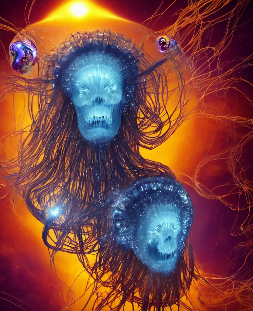 Image similar to close-up portrait of the face of a beautiful princess in a twisted flowers jellyfish mask in a spaceman suit surrounded by energy flow, epic angle and pose, symmetrical artwork, 3d with depth of field, blurred background, floating jellyfish skull phoenix bird, translucent, nautilus, energy flows of water and fire. a highly detailed epic cinematic concept art CG render. made in Maya, Blender and Photoshop, octane render, excellent composition, cinematic dystopian brutalist atmosphere, dynamic dramatic cinematic lighting, aesthetic, very inspirational, arthouse. y Greg Rutkowski, Ilya Kuvshinov, WLOP, Stanley Artgerm Lau, Ruan Jia and Fenghua Zhong