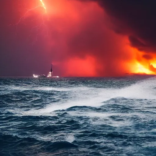 Prompt: large ship being tossed about in a fiery storm in the sea, dark, low light, terrifying, beautiful
