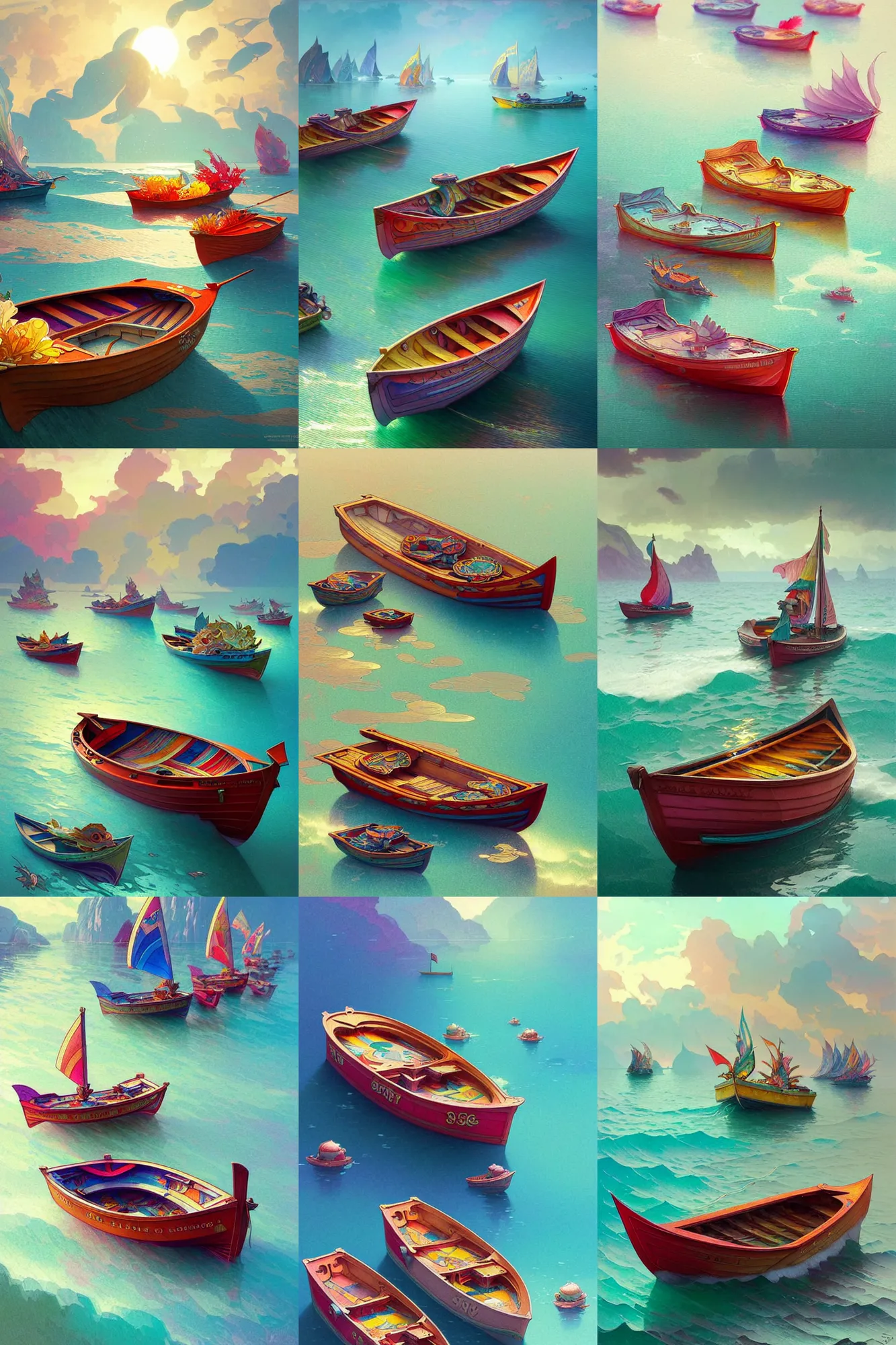 Image similar to small colourful cute boats in the waving sea, illustration, intricate details, detailed illustration, octane render + johanna rupprecht style, art by artgerm and greg rutkowski and alphonse mucha trending on artstation