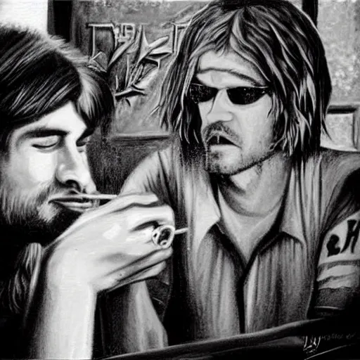 Image similar to a close - up stunning fantasy scene of kurt cobain drinking at a bar with layne staley | highly detailed | very intricate