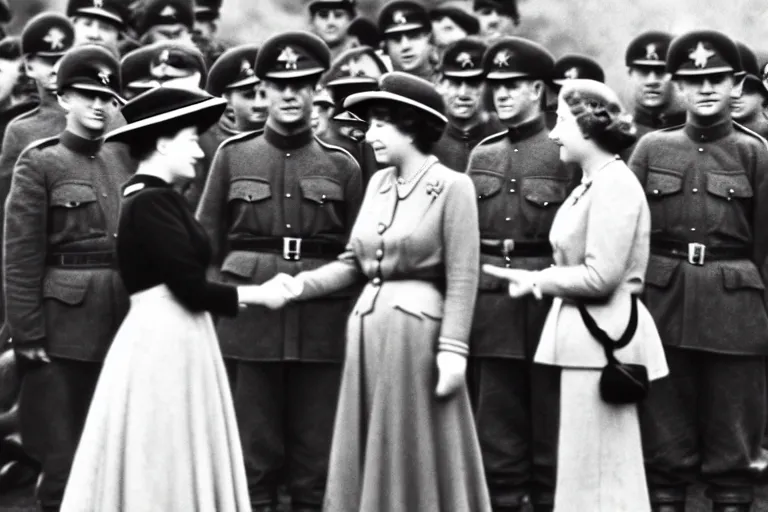 Image similar to ultra wide 1 9 4 6 historical far away photo of young queen elizabeth accepting the surrender of the german army, her corgis are nearby highly detailed