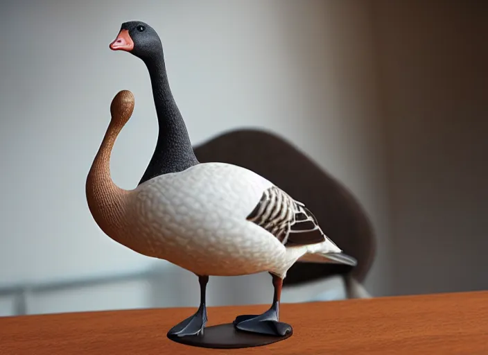 Image similar to a goose on top of a desk at an office, photorealistic