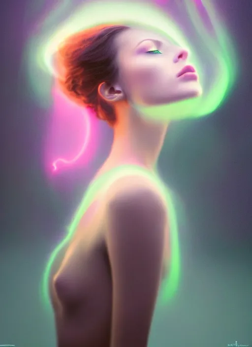 Image similar to an ethereal, misty portrait of a woman whose face is accented with neon - toned glowing eyeliner. the makeup floats off her face and joins swirling clouds of smoke and fog, becoming an aurora. muted tones. surreal portrait, cinematic lighting, 8 k, smooth, sharp focus, digital painting, rendered in octane, painted by tom bagshaw, artgerm