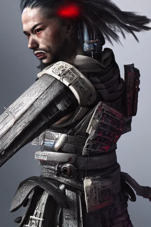 Image similar to hyperrealistic cyberpunk samurai character, ultradetailed, volumetric lighting, 4k UHD.