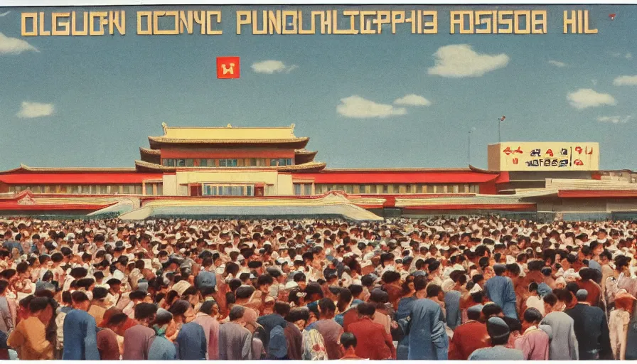 Image similar to 70s movie still of empty north-korean restaurant palace with propaganda fresco stalinist style, eastmancolor, heavy grain, high quality, higly detailed