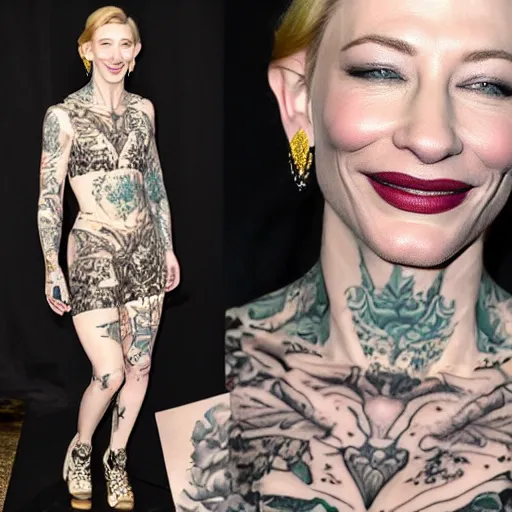 Image similar to full body tattooed cate blanchett with golden teeths 4k