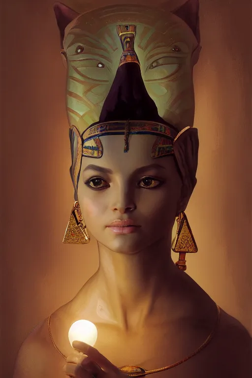 Image similar to portrait of the beautiful egyptian goddess, bastet, bast, woman / cat hybrid, torchlight in an egyptian tomb, digital art by ruan jia and mandy jurgens and artgerm and william - adolphe bouguereau, highly detailed, trending on artstation, award winning,