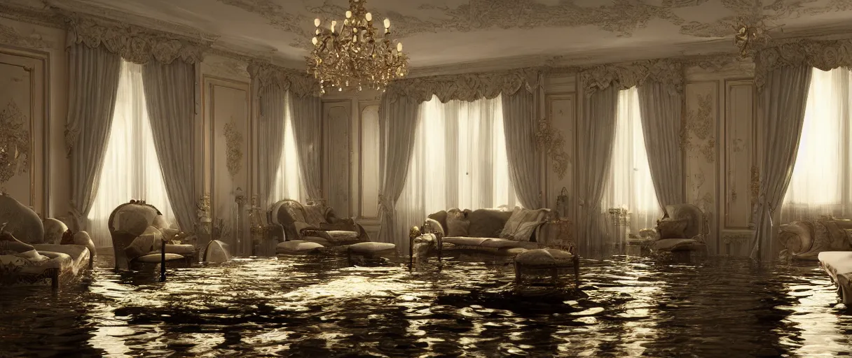 Image similar to decorative empty victorian livingroom flooded with water, octane render, 8k, artstation, concept art, smooth, sharp focus