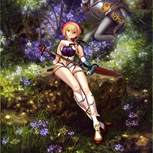 Prompt: a female knight resting in a glade, vanillaware artwork, george kamitani