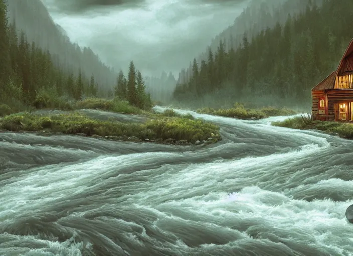 Image similar to matte sharp painting, close - up of a river running past a cozy cabin in the mountains, heavy rain, juxtapoz, artforum, gary baseman, preston blair, tex avery, dan mumford, pedro correa