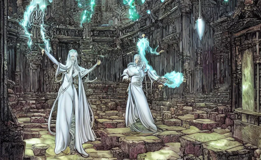 Image similar to A white priestess is conjuring a spell inside the ancient and mythical temple. By Masamune shirow