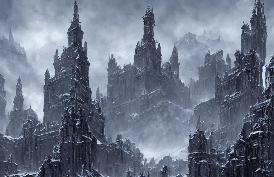 Image similar to The capital of a warhammer 40k imperial russian citadel, sci fi, located in the frozen northern wastes, soviet tower blocks, neo gothic magnificence, foreboding black steel exterior, snow capped mountains, fantasy, highly detailed, digital painting, artstation, concept art, illustration, art by Bayard Wu and Marc Simonetti and Diego Gisbert Llorens