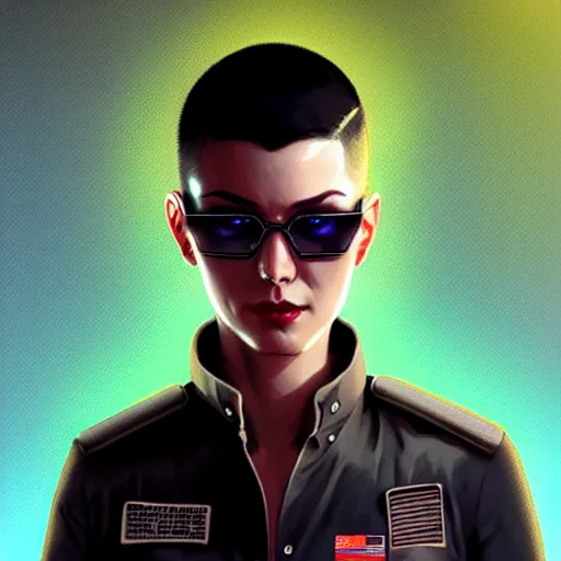 Prompt: detailed character full body portrait of a skinny buzz undercut androgynous feminine federal government agent smirking sunglasses white button down shirt tactical bulletproof kevlar on smoky neon background artgerm greg rutkowski mucha