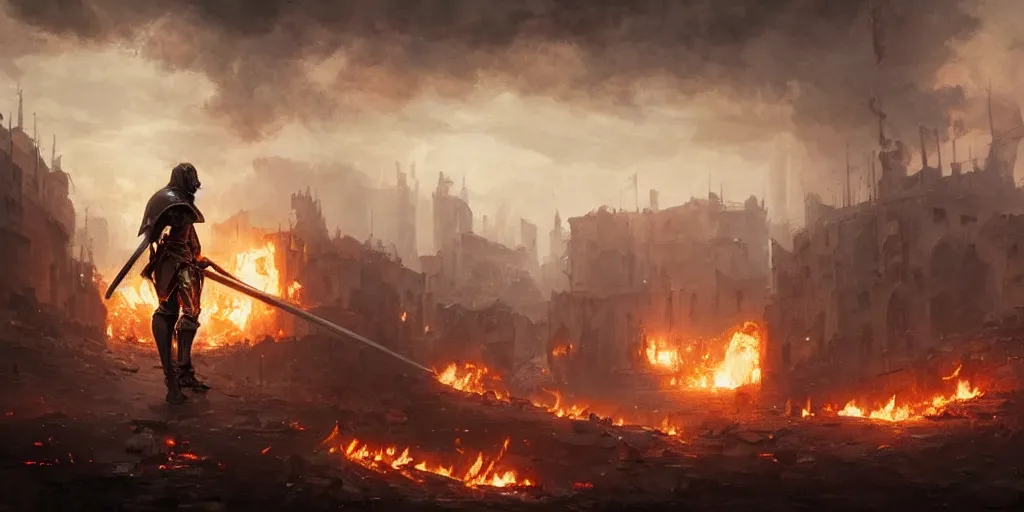 Image similar to a painting of a cinematic keyframe of a medieval knight warrior with his sword walking into a destroyed medieval town, with fire by greg rutkowski, dark fantasy art, high detail, trending on artstation