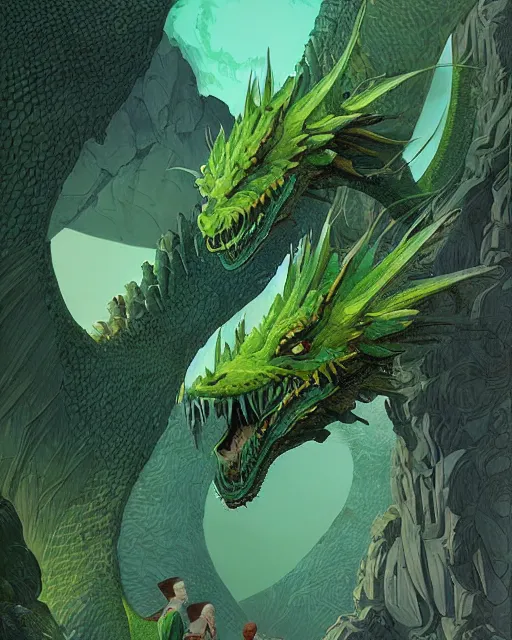 Prompt: a giant green dragon, digital art, illustrated by james gurney and victo ngai