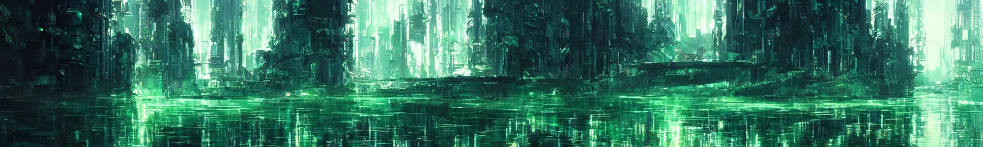 Image similar to reflective waves, cyberpunk texture, green coloring, by studio ghibli and greg rutkowski