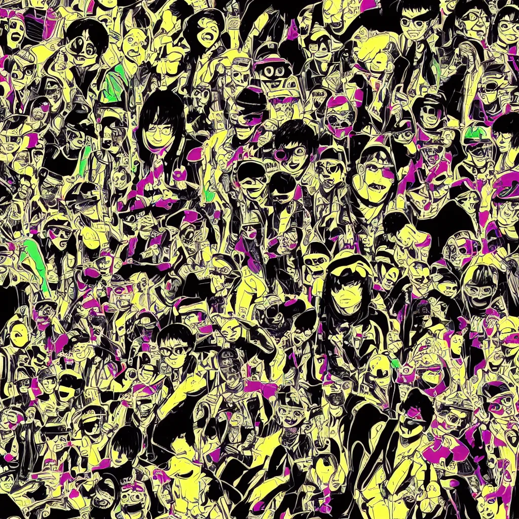 Prompt: faceless human figures, kazuo umezu artwork, jet set radio artwork, stripes, tense, space, cel - shaded art style, broken rainbow, ominous, minimal, cybernetic, cowl, dots, stipples, thumbprint, dark, eerie, motherboards, crosswalks, guts, folds, tearing