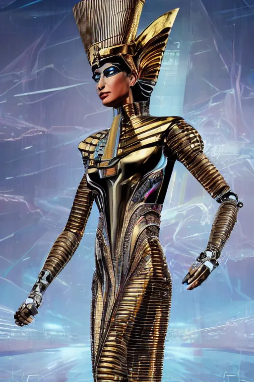 Image similar to full body portrait of the Egyptian Android Pharaoh Queen, by DC comics and Sandra Chevrier and beeple, artstation, volumetric lighting, hyperrealism, futuristic royalty, strong and muscular, award winning costume design, cybernetic bionic ancient cyborg, fashion show runway, futuristic fine textures, woven with electricity, high fashion superpowers, covered in dust, 4k UHD, 35mm