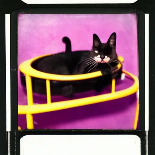 Image similar to black cat on a rollercoaster. the cat is enjoying the ride. sunlight. polaroid photo. saturated colors.