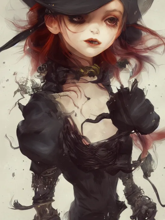 Prompt: Full shot of a cute mischievous young witch about to get up to some trouble. Latin American fashion. Black and Orange palette. Latina girl. From Encanto. By Ruan Jia and Artgerm and Range Murata and WLOP and CLAMP and Loish. Key Art. Fantasy Illustration. award winning, Artstation, intricate details, realistic, Hyperdetailed, 8k resolution.