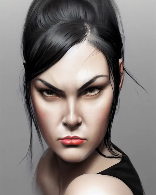 Image similar to portrait of a tall 4 0 - year - old woman with thin lips, heavy - lidded eyes, a strong jaw and long, thick shining black hair, thick eyebrows and long eyelashes, wearing in black clothes, hyper realistic face, beautiful eyes, character art, art by mark brooks, hyperdetailed, cryengine, trending on artstation, digital art