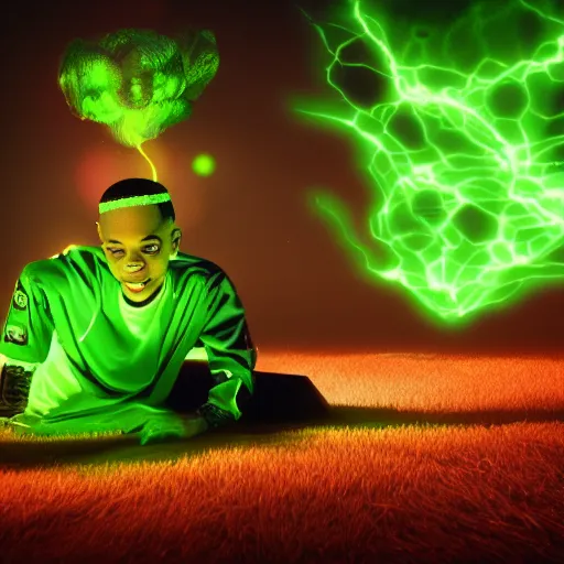 Prompt: ! dream soulja boy with glowing green magic, octane render