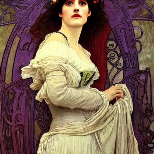 Prompt: portrait en buste of eva green in an edwardian dress by frederic william burton and alphonse mucha, abundantly detailed, perfectly detailed eyes