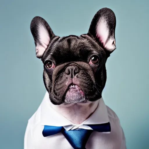 Prompt: french bulldog wearing businessman attire, studio lighting