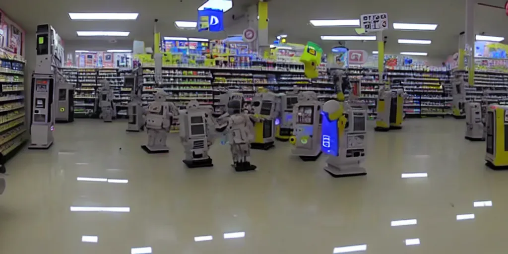 Prompt: abandoned robot android factory in a convenience store, damaged camcorder video