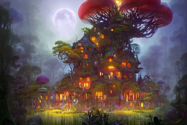 Prompt: huge simple mansion from hundertwasser and gaudi in a deep mystical forest with a cute japanese garden around it, exagerate perspective, mushrooms and dense exotic vegetation, floating lampoons, tall people walking and discussing, dynamic lighting, art by peter mohrbacher on artstation, fantasy art, night sky with moon