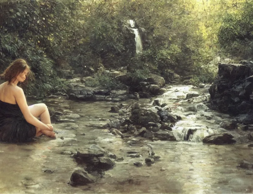 Image similar to steve hanks, serov valentin, lisa yuskavage, andrei tarkovsky, terrence malick, focused monk sits near waterfall, golden ratio, perfect symmetrical, polaroid, vintage, soft lights, foggy, oil on canvas