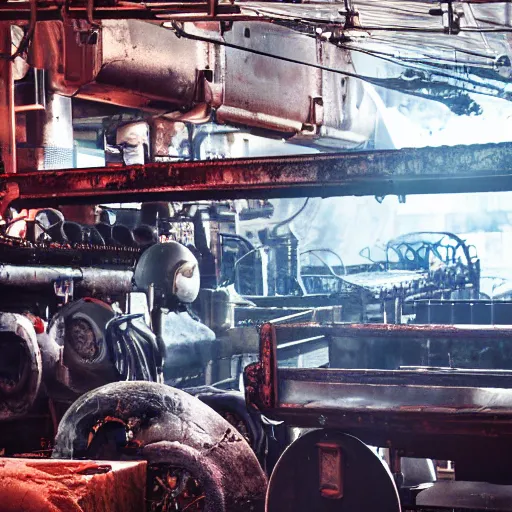 Image similar to line of toaster oven mecha heads on conveyor belt, dark messy smoke - filled cluttered workshop, dark, dramatic lighting, orange tint, sparks, cinematic, highly detailed, sci - fi, futuristic, movie still