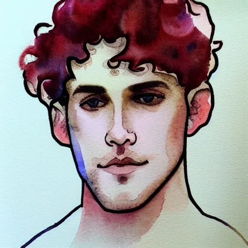 Prompt: abstract experimental watercolor drawing of a young cute handsome beautiful strawberry blond medium curly hair man in his early 2 0 s wearing a blank maroon t - shirt with grey - blue eyes, by elizabeth peyton and alphonse mucha, trending on artstation, artgen