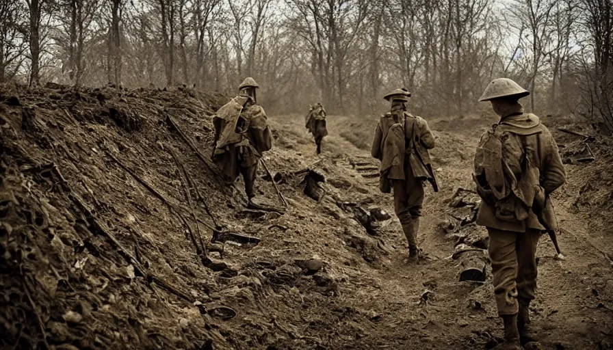 Prompt: ghosts of dead World War 1 soldiers patrolling abandoned WW1 trenches, dirty lens, cinematic lighting, IMAX cinematography, 35mm