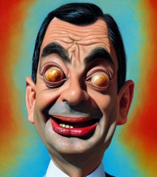 Prompt: mr bean made of baked beans, surrealist oil painting, highly detailed