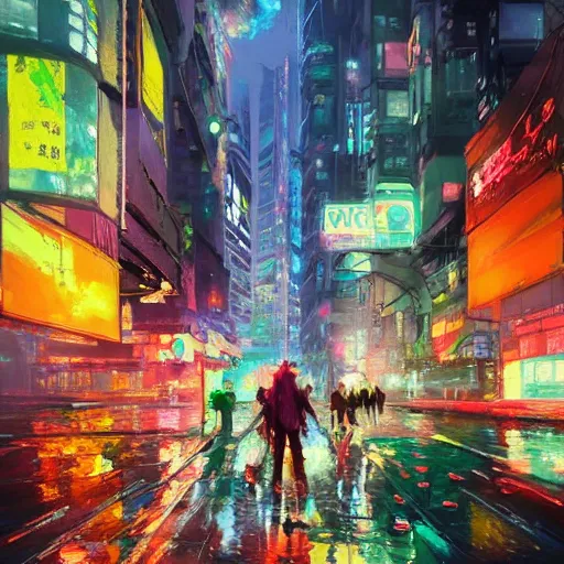 Prompt: acrylic painting, impressionism and expressionism, strong emotional impact, bold pastel colors, expressive brushstrokes, overall sense of movement in the composition. a cyberpunk streetscape lined with beautiful flowers, by liam wong and tyler edlin, trending on artstation