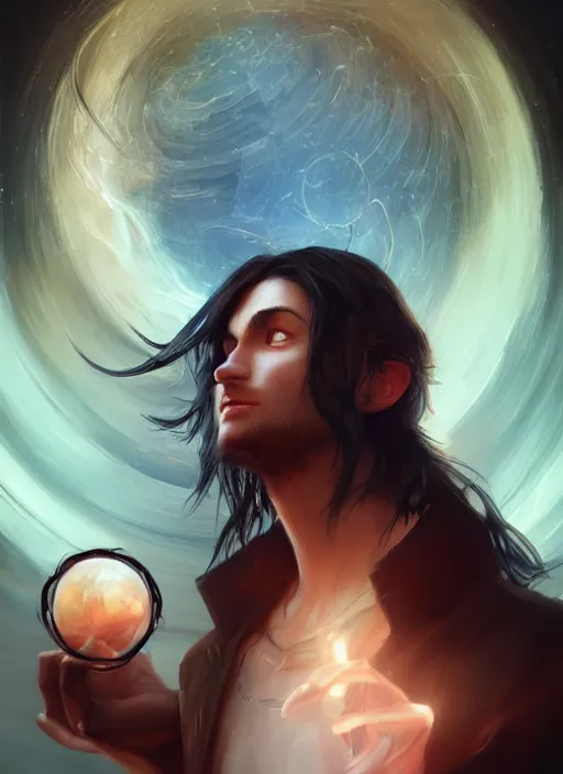 Image similar to side profile of a man with long black hair in brown rags holding a magical orb, fantasy, digital painting, volumetric light, intricate, sharp, focus, bloom, illustration, highly detailed, concept art, matte, art by anna dittmann and ilya kuvshinov and greg rutkowski, masterpiece