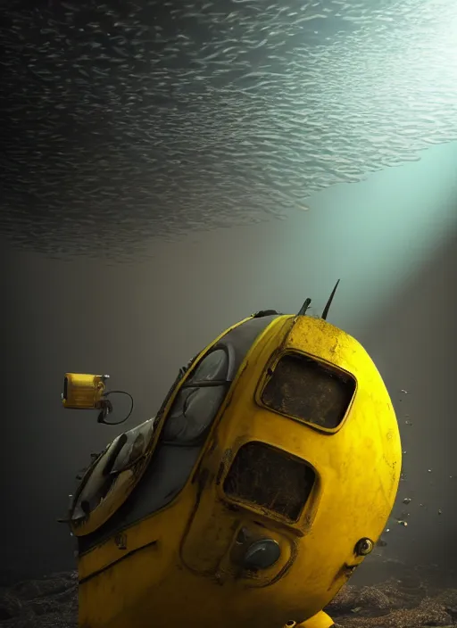 Image similar to a photorealistic dramatic hyperrealistic underwater render of an deep sea submersible, ultra realistic details, glossy yellow, well worn, rust, oil stains by vitaly bulgarov and mike nash, beautiful dramatic dark moody tones and lighting, cinematic atmosphere, global illumination, shadows, dark background, octane render, 8 k