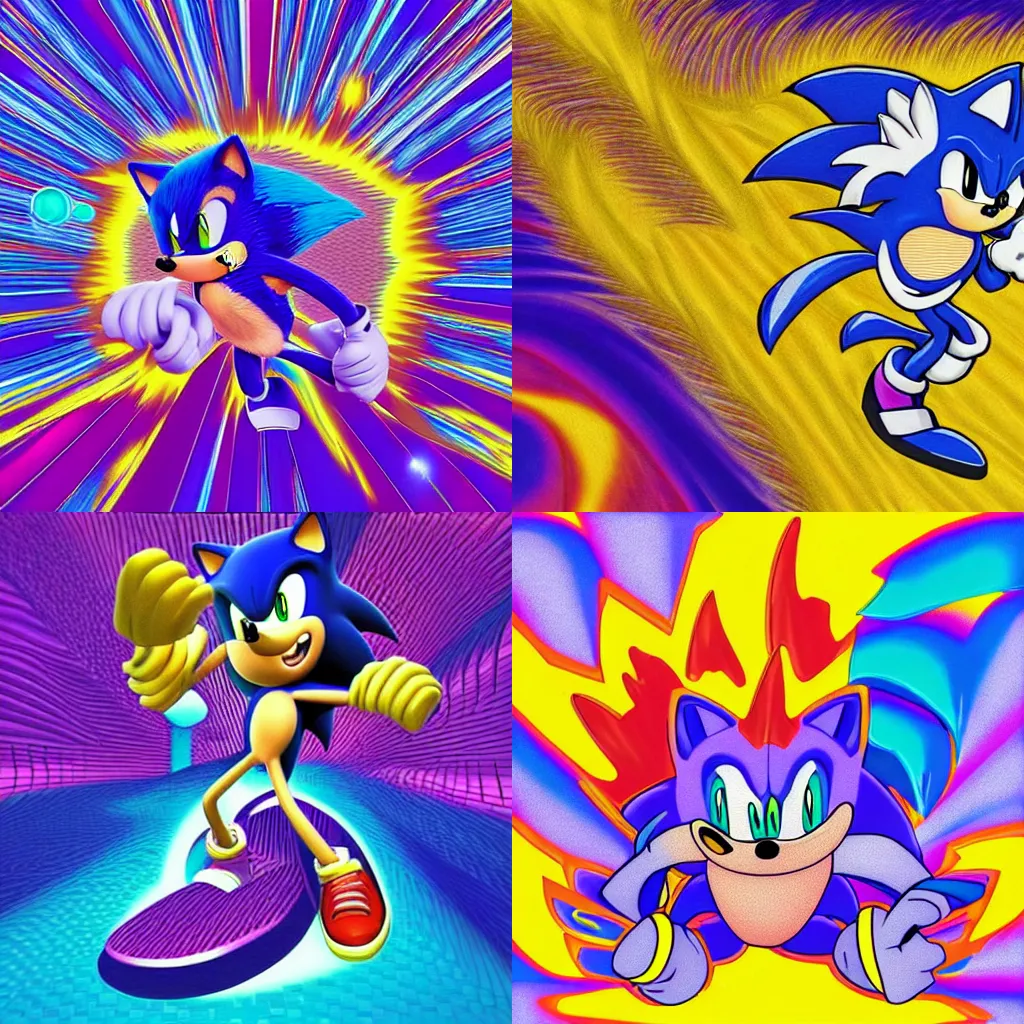 Prompt: surreal, sharp, detailed professional, high quality sonic the hedgehog airbrush vaporwave art MGMT album cover of a liquid dissolving LSD DMT sonic the hedgehog surfing through pixel lands, purple checkerboard background, 1990s 1992 Sega Genesis video game album cover