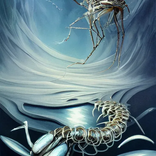 Image similar to beautiful painting of a white aquatic arthropod oniric landscape with silver linings and melting jewelry in the style of Francis Bacon, Karol Bak, Daturahex and Jesse Kanda. Dark background, detailed, trending on Artstation
