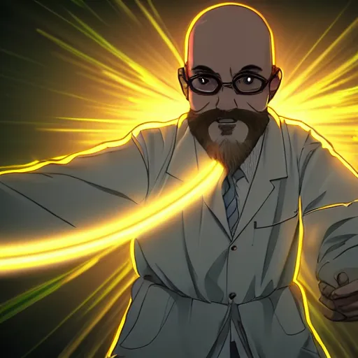 Image similar to The bald mad scientist with beard in the white lab coat has a glowing shield of bioluminescent armor protecting him during the battle. Action photo. Highly stylized. Anime.