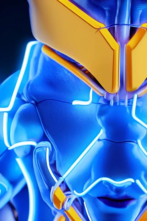 Image similar to hyperrealistic close-up blue neon exoskeleton!! chinese man covered highly detailed concept art eric zener elson peter cinematic side soft yellow light low angle hd 8k sharp shallow depth of field