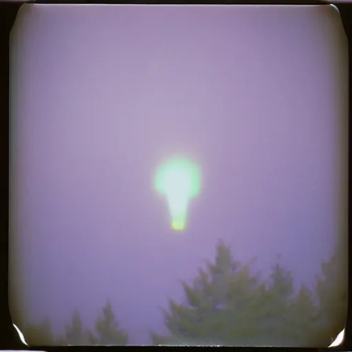 Image similar to a ufo with glowing lights flying over a forest at night, old polaroid, expired film,