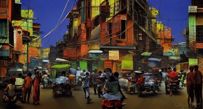 Image similar to calcutta streets, artwork by salman toor, cinematic light, atmospheric effects