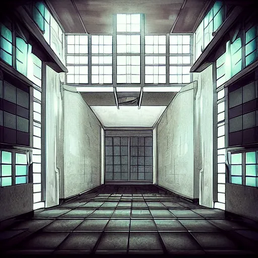 Image similar to “the inside of a huge white building with with many doors and stairs, confusing, clean geometric shapes, creepy, doors, strange dimensions, anime style, detailed background, horror anime”