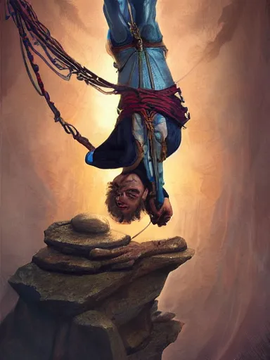 Image similar to tarot hanged man, enlightenment. tied upside down. intricate, elegant, highly detailed, digital painting, artstation, concept art, sharp focus, illustration, by justin gerard and artgerm, 8 k