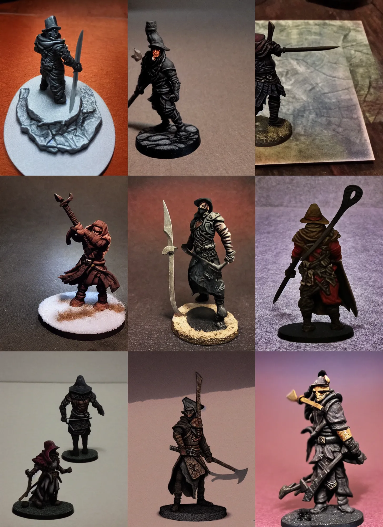 Image similar to hatchet gloomhaven, dnd character, long winter clothes, dark figure with axe, wearing a hat obscuring his face