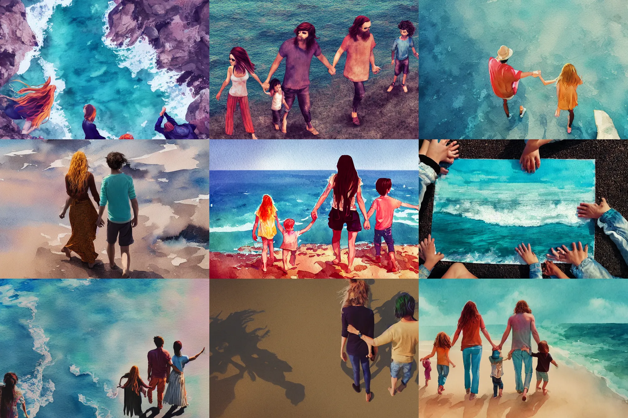 Image similar to hippie style family of woman, men, girl is taller, boy is shorter looking at the ocean holding hands, far - view, art, cinematic composition, octane render, high detail, 8 k, artstation trending, watercolor, artwork by tooth wu, colorful contrast, very coherent, thick lineart