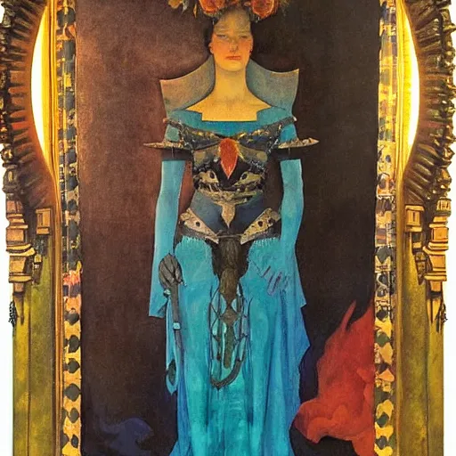 Prompt: the queen of the underworld in full regalia, by Annie Swynnerton and Diego Rivera and Tino Rodriguez and Maxfield Parrish and Nicholas Roerich, elaborately costumed, rich color, dramatic cinematic lighting, extremely detailed