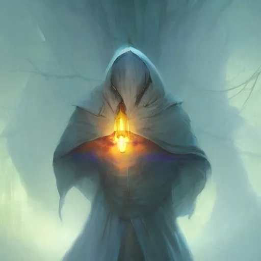 Prompt: ''cinematic shot'' white hooded mage ( spectre ) with leaves falling simetrical 8 k atmosferic realistic, radiant light, made by ivan aivazovsky, peter mohrbacher, greg rutkowski volumetric light effect broad light oil painting painting fantasy art style sci - fi art style realism premium prints available artwork unreal engine